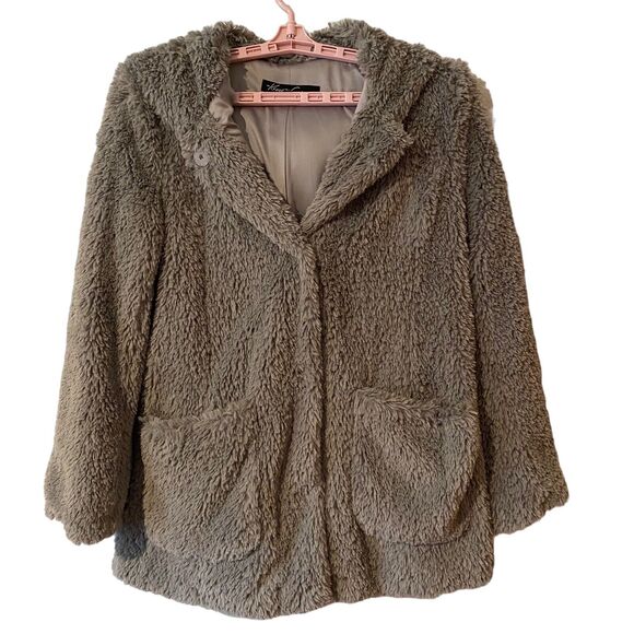 Kenneth Cole Jackets & Blazers - Teddy Bear Coat Womens Size M Kenneth Cole Gray Faux Fur Hooded Cozy Warm